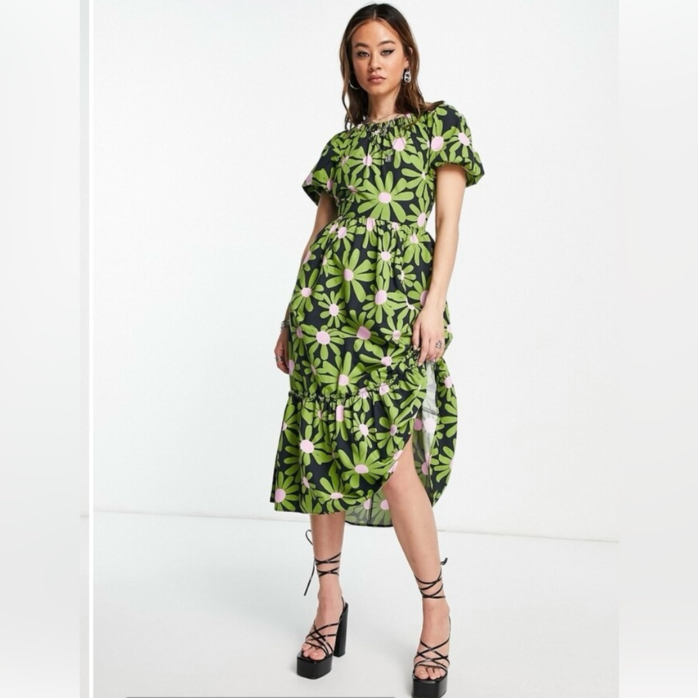 Topshop Cotton Bold Daisy Cross Back Poplin Midi Dress In Green